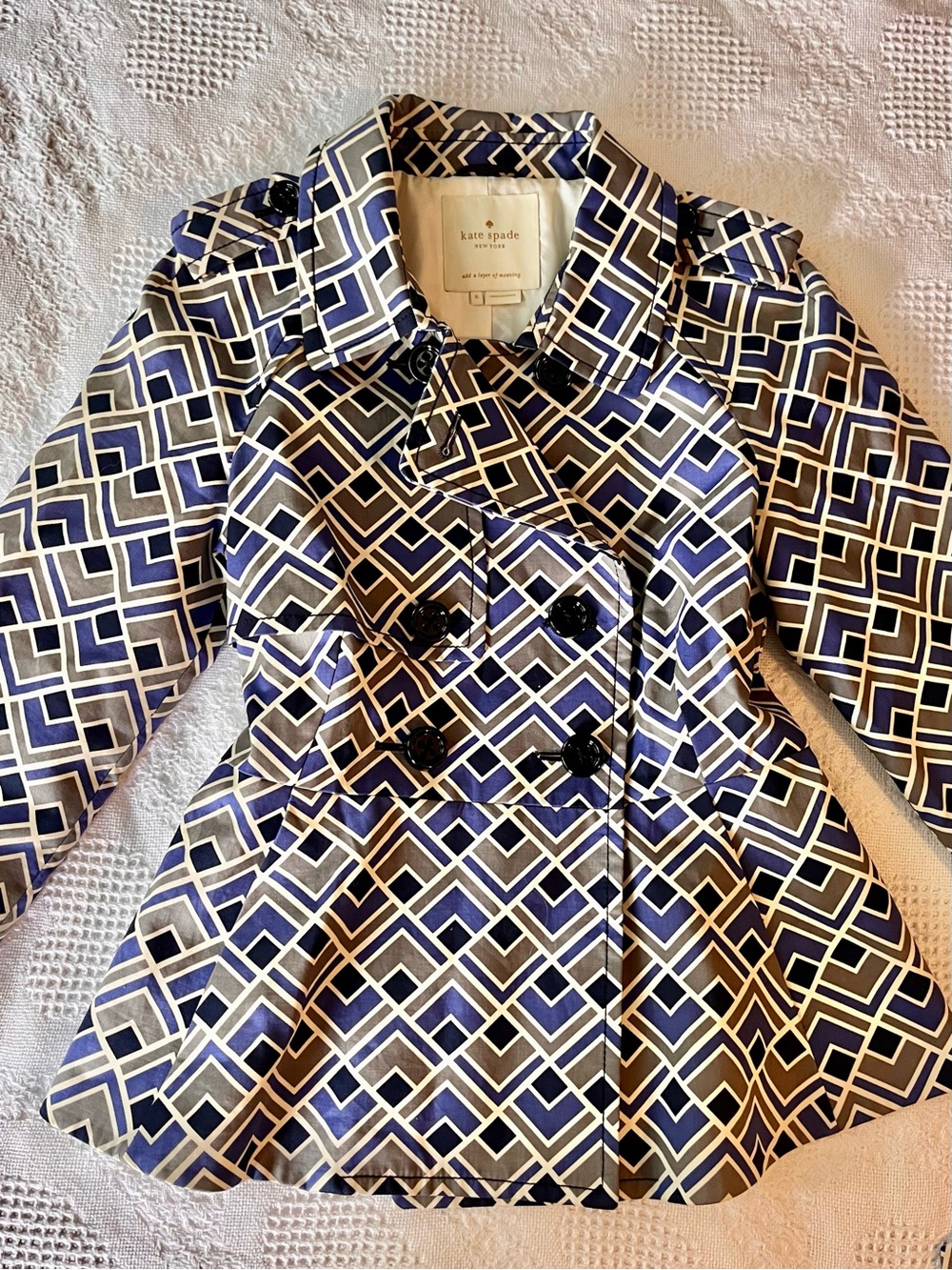 Kate Spade Lettie Trench Coat Geometric-Print Blue & Gray Women’s Belted Coat - Picture 8 of 11
